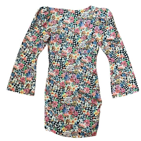 For Love & Lemons Womens June Bell Sleeve Black Checkerboard Mushroom Mini Dress - Picture 8 of 14